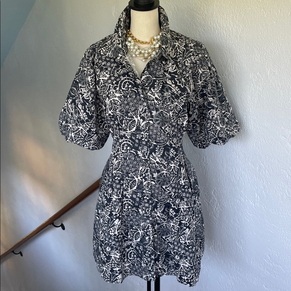 Caroline Constas NWT Black & Cream Floral Print Puff Sleeve‎ Button Down Dress L